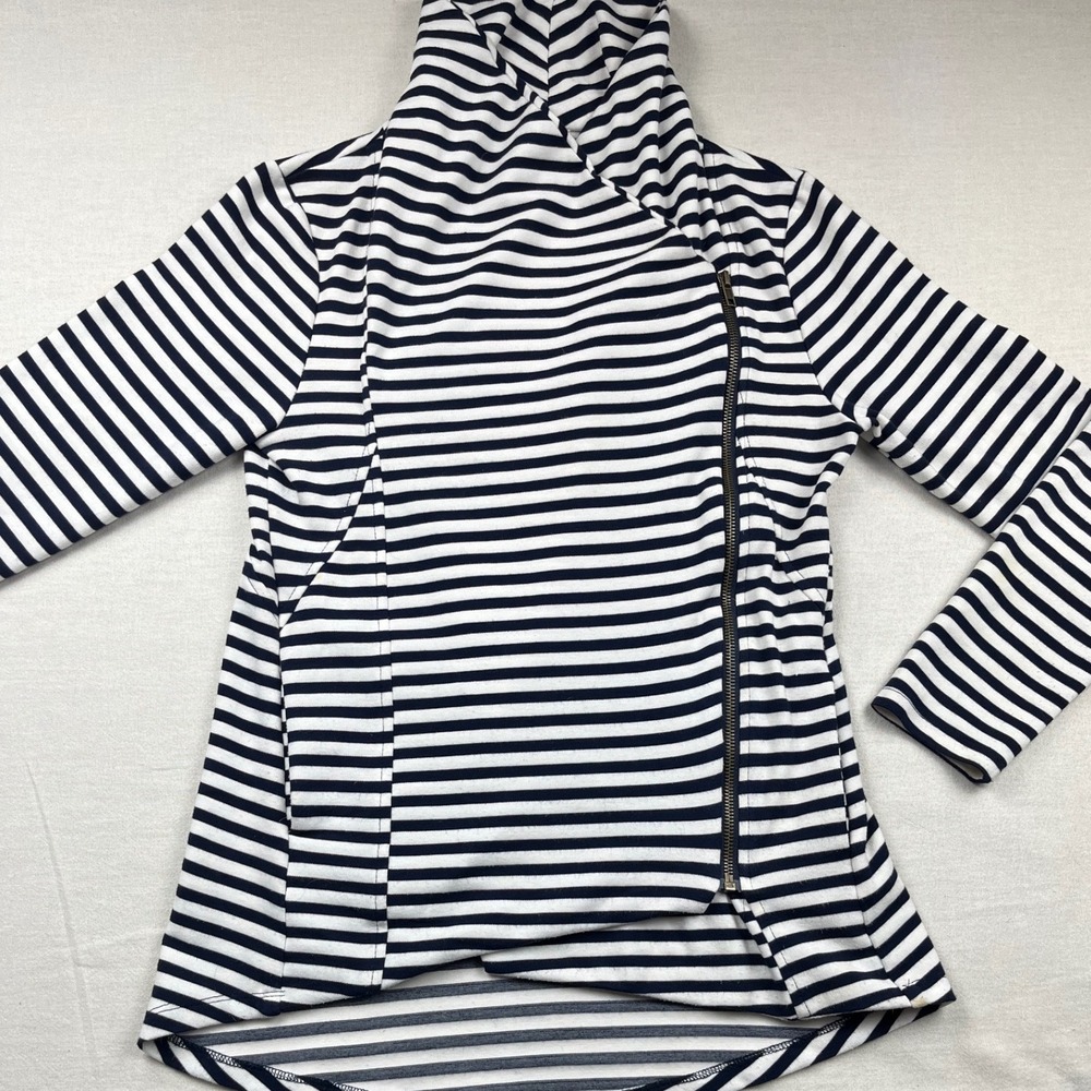 My Beloved Womens Striped Asymmetrical Side Zip Cowl Neck Sweatshirt Blk/White M